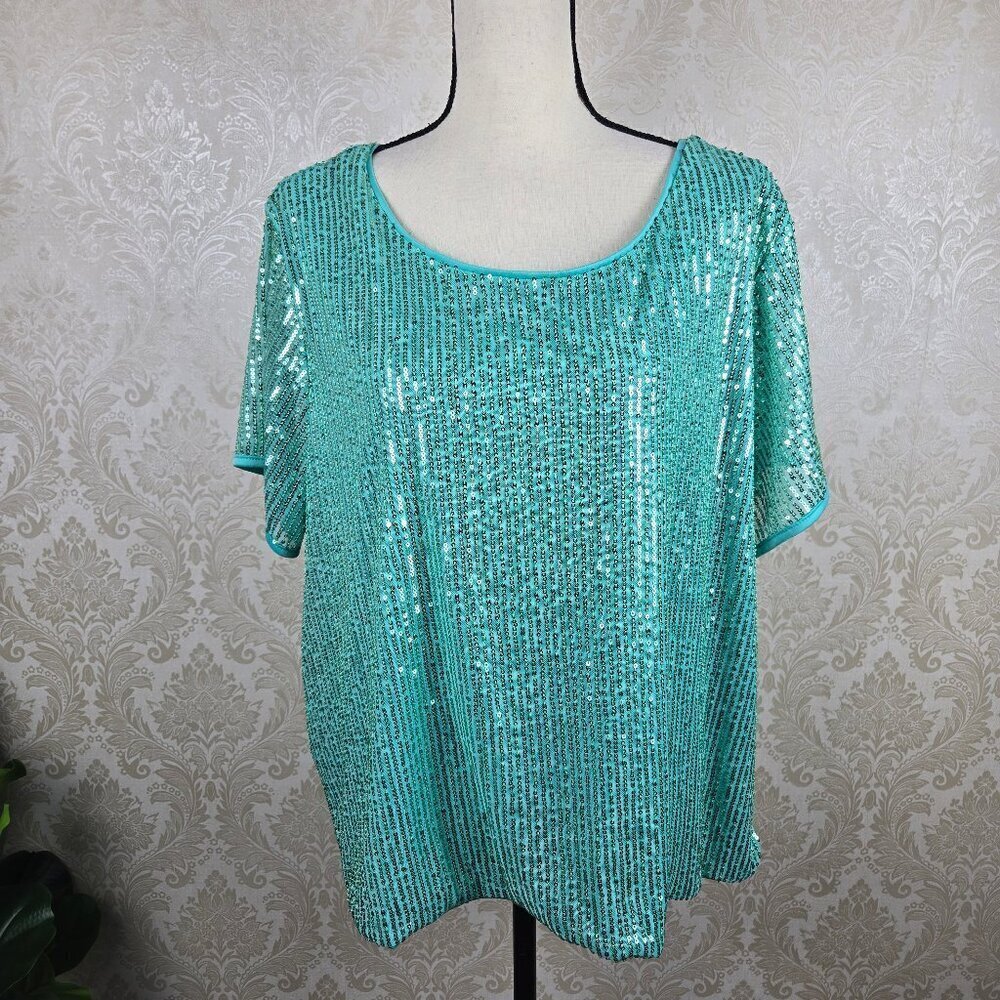 Ashley Stewart Size 22/24 Mint Green Sequined Blouse Round Neck Short Sleeve